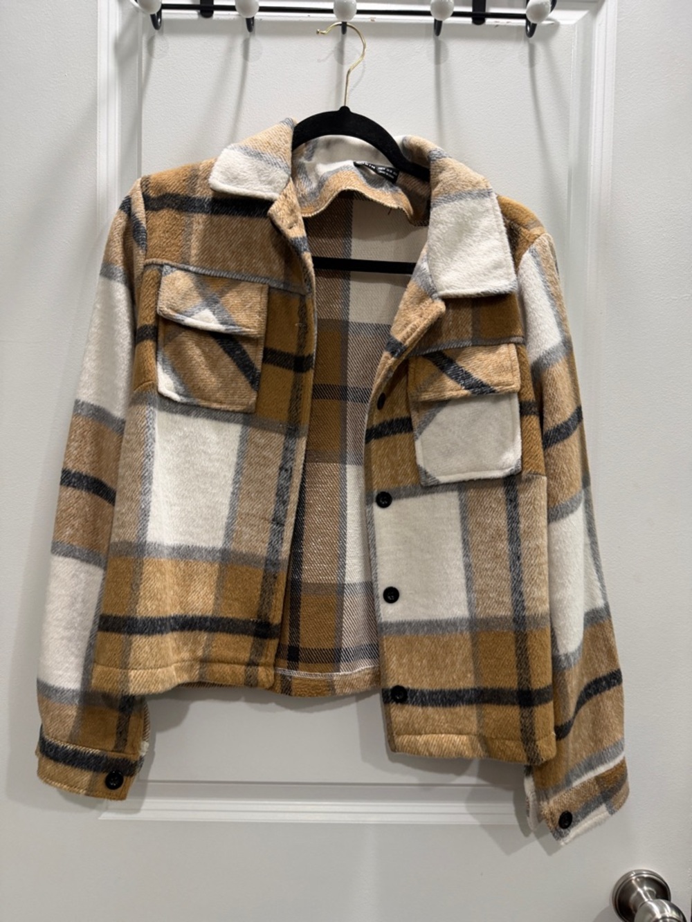 SHEIN Camel, White & Black Plaid Utility Shacket